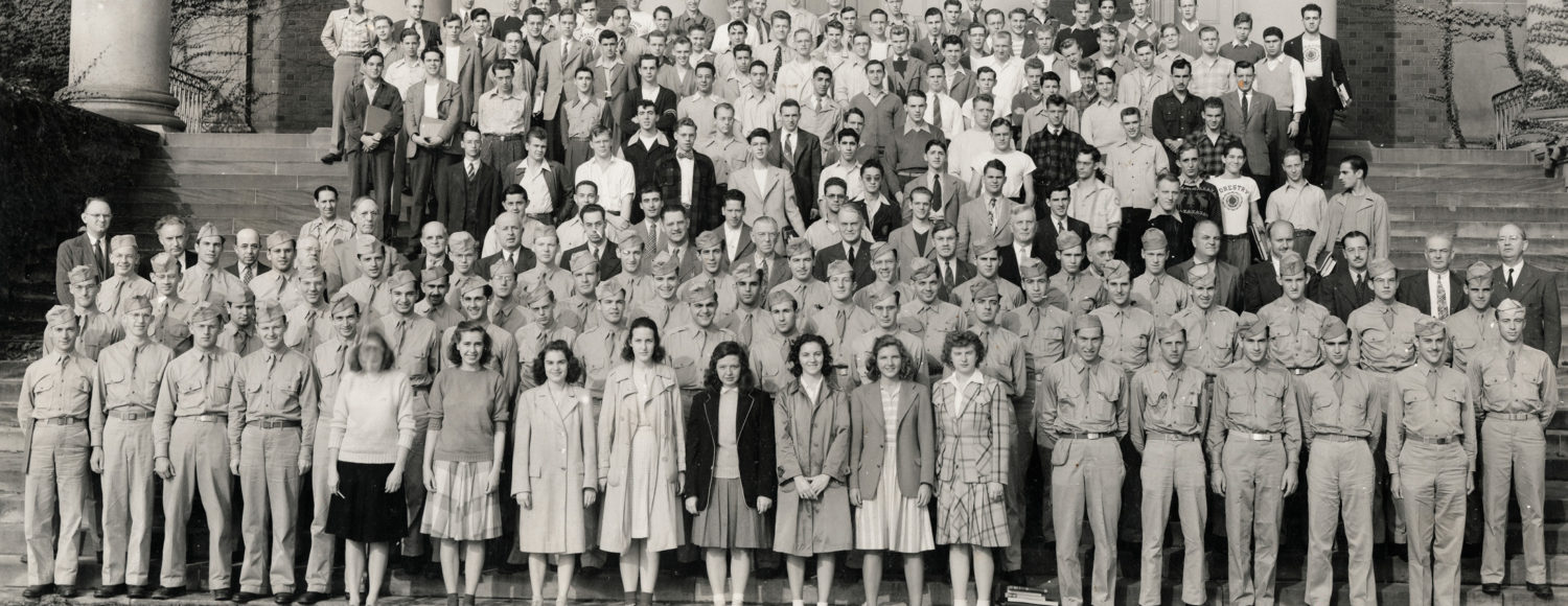 world war ii veterans standing on hendricks chapel steps