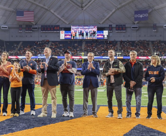 Hometown Hero at SU vs Pitt on dome with Tom Caruso and Josh Keefe with their families.