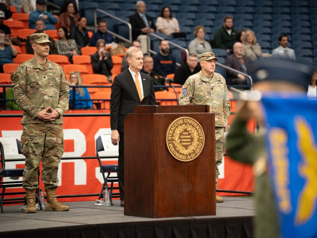 Chancellor Kent Syverud speaking at the 109th Chancellor's review in the dome. 