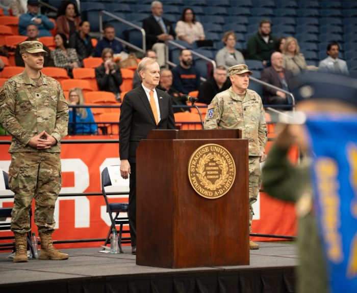 Chancellor Kent Syverud speaking at the 109th Chancellor's review in the dome.