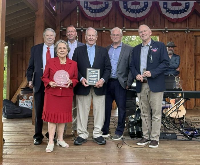 Pictured from left are awardees Bill Smullen, Diane Gayeski (recognized for service on the WCNY Board of Trustees), Mike Haynie and John Paddock, with WCNY President and CEO Mitch Gelman and event emcee Dan Cummings.
