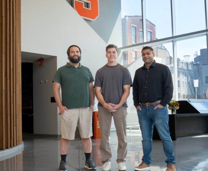 The inaugural cohort of the CHB summer research program included (from left): student veterans Matthew Soukup (Navy), Hunter Pyke (Marines) and Varun Varun Gollapudi (Army/Army Reserves).