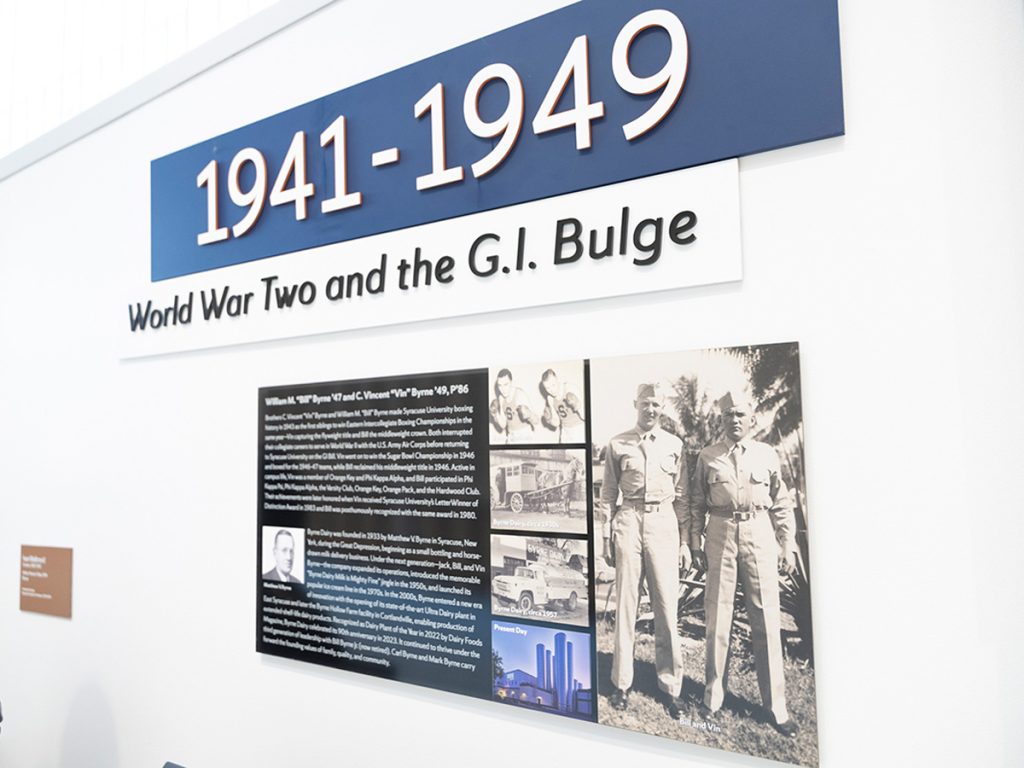 Panel titled “1941–1949: World War II and the G.I. Bulge,” honoring brothers William “Bill” Byrne and Charles Vincent “Vin” Byrne.
