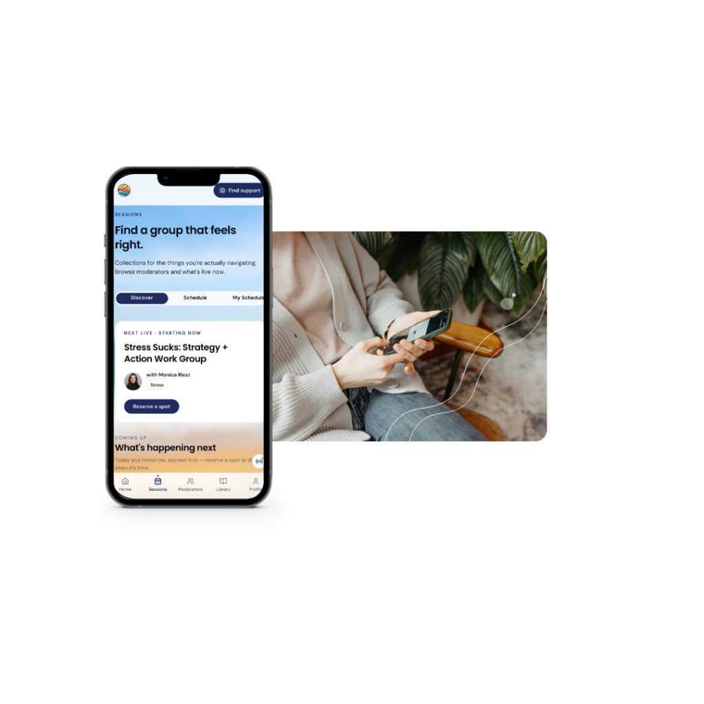Cabana home screen example on a phone and a person holding a phone.